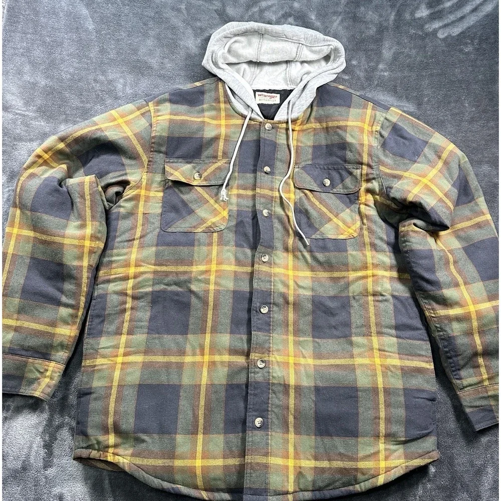Wrangler Jacket Mens LARGE Red‎ Hooded Lined Flannel Shirt Shacket Side Pockets